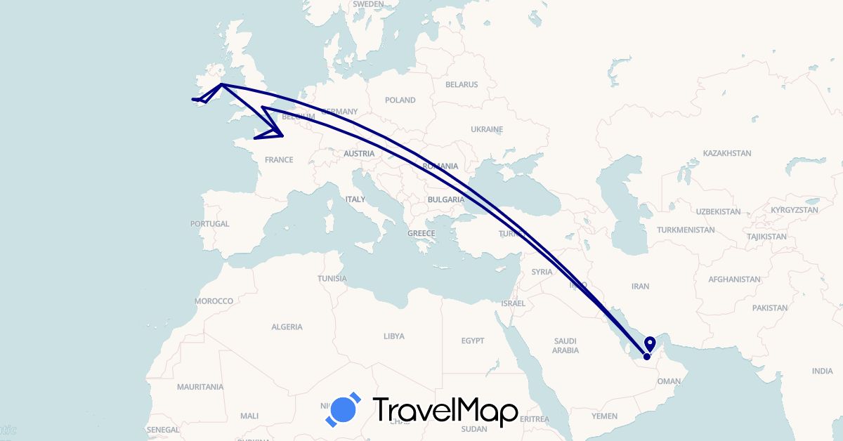 TravelMap itinerary: driving in United Arab Emirates, France, United Kingdom, Ireland (Asia, Europe)